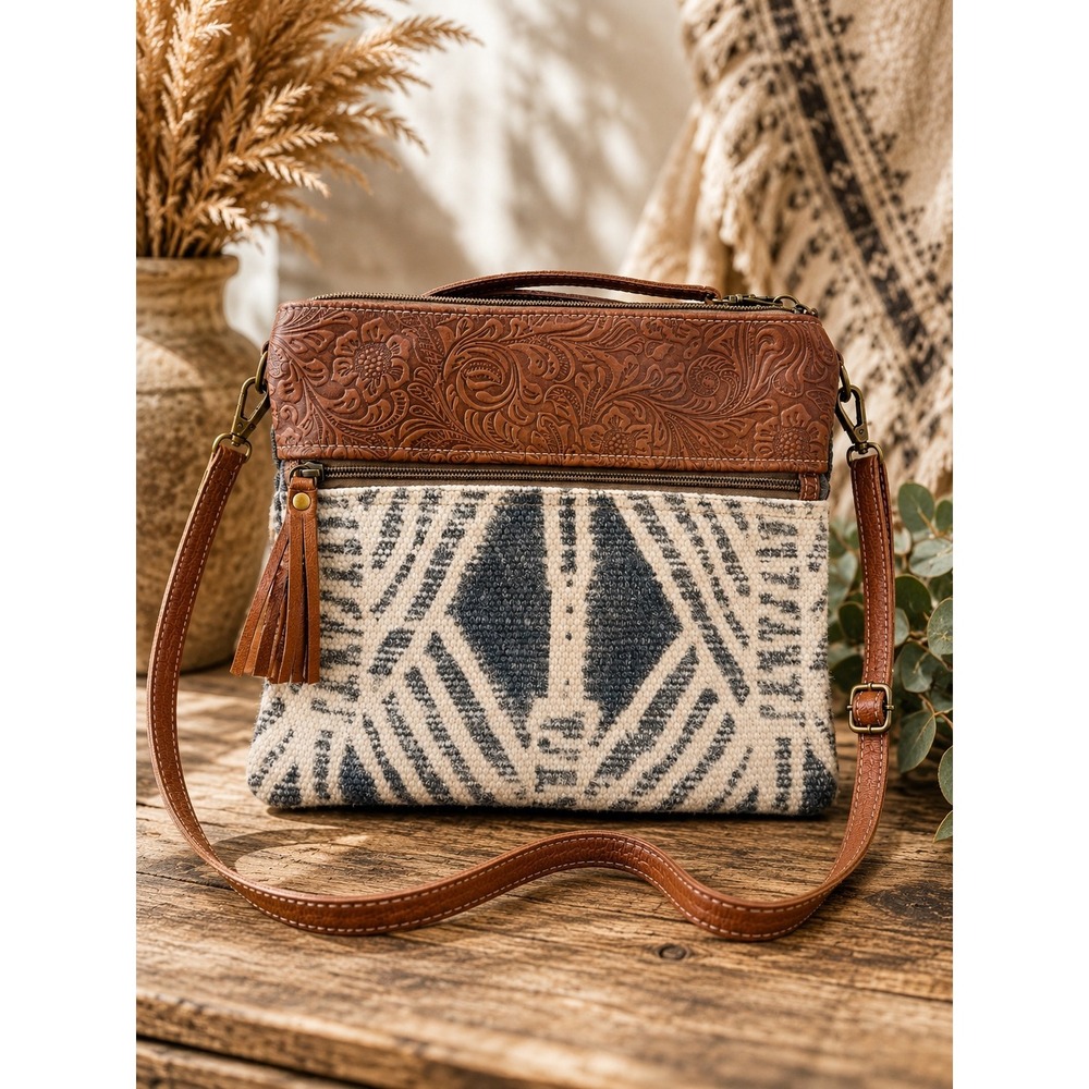 Myra Bag Boho Western Crossbody Purse Tooled Leather Aztec Canvas Tassel